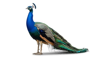 Naklejka premium Regal Blue Peacock Isolated: Full-Length Side View of an Elegant Indian Peafowl Displaying Shimmering Iridescent Plumage and Long Tail Feathers on a Pure White Background.