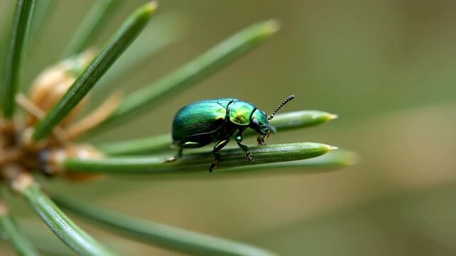 Shiny Emerald Beetle Perched on a Pine Needle in Nature.