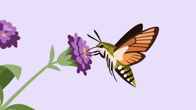 A stylized moth with orange wings sips nectar from a purple flower