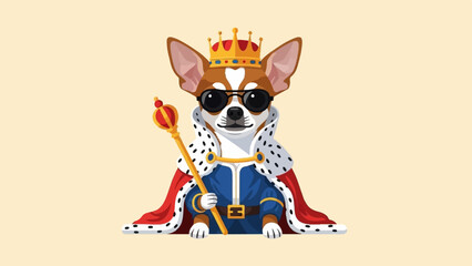 A small dog is dressed as a king, wearing a crown, sunglasses, and regal robes