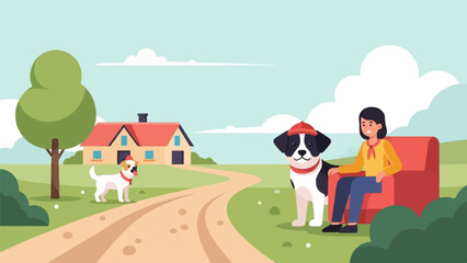 Obraz na płótnie Canvas A person and two dogs relaxing in a rural setting by a country house