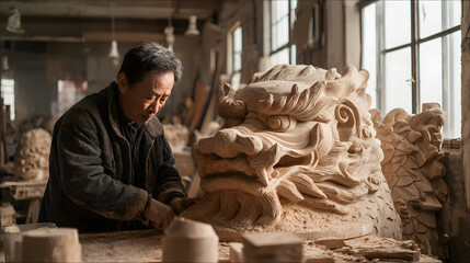 Skilled carpenter meticulously carves large wooden dragon prop in workshop, surrounded by tools and wood shavings, creating atmosphere of focused craftsmanship