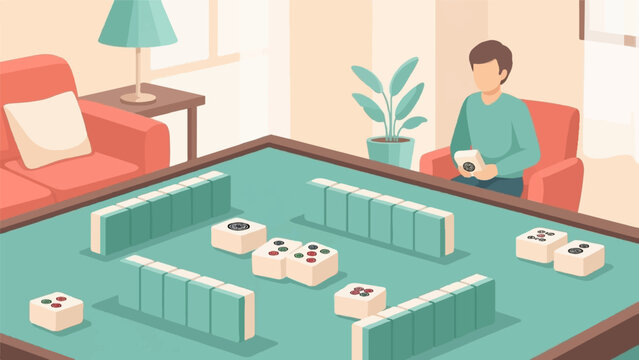 A person plays mahjong at a table in a living room with coral chairs