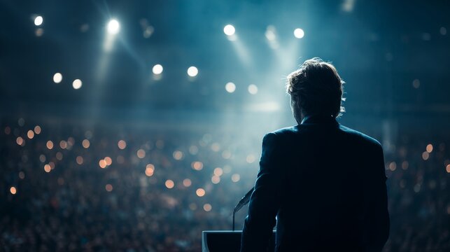 Motivational speaker giving speech on stage to large crowd audience