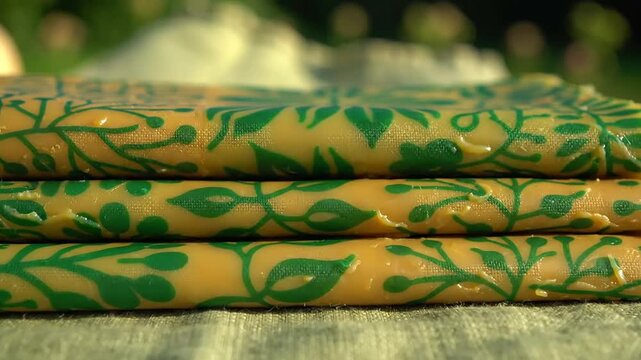 Stacked bars featuring repeating green botanical floral leaf pattern on textured fabric surface closeup detail