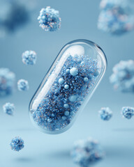 Transparent capsule filled with various small blue and metallic spheres floating against a soft blue background, surrounded by similar clusters in soft focus.