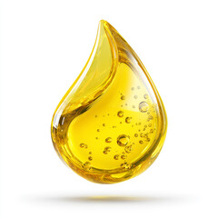 A single, glossy yellow liquid droplet with air bubbles inside, isolated on a white background with subtle shadow beneath.