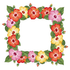 Obraz premium Square floral frame arrangement with vibrant blooming flowers and green leaves isolated on transparent background