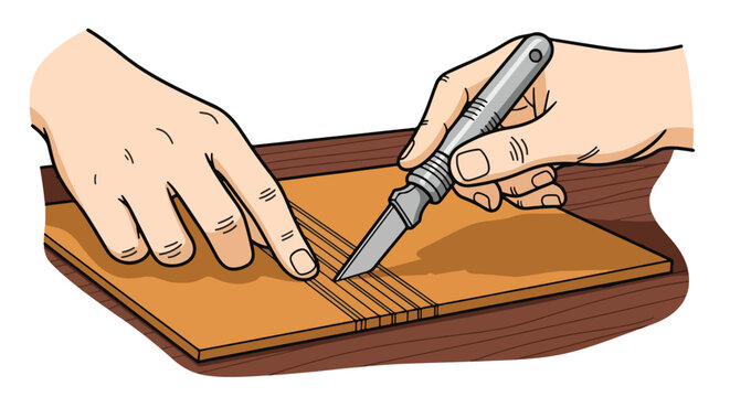 Detailed illustration of hands carefully using a craft knife to cut precise parallel lines into a brown material, showcasing precision, craftsmanship, and manual skill.