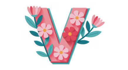 Pink letter V with flowers and leaves floral typography isolated on a transparent background