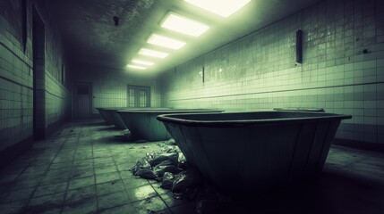 Row of large dilapidated vats filled with spilled garbage in a neglected industrial room with tiled walls and fluorescent lighting