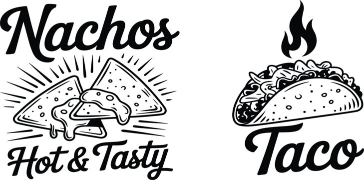 Vintage style hand drawn black and white Mexican food logos for nachos and spicy tacos