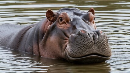 Fototapeta premium Large Hippo Floating in Water with Calm Expression in Natural Environment