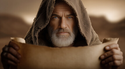 Hooded Biblical Man Holding Open Scroll Parchment
