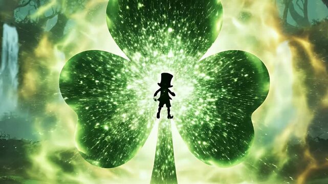 Leprechaun Silhouette Leaping Through Portal in a Forest Landscape with Sparkling Shamrock Animation and Light Effects