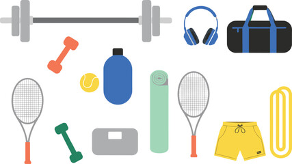 Flat sports and fitness equipment vector illustration with gym weights, yoga mat, tennis gear, accessories, and workout items © Kharshad Creative
