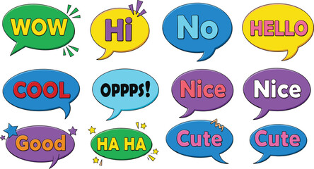 Colorful comic speech bubble vector set with funny expressions, greetings, reactions, and chat messages in pop art style