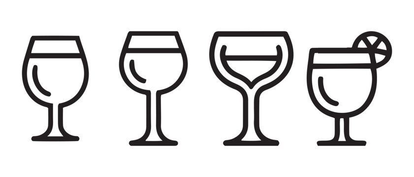 Variety of Wine and Cocktail Glasses Lined Up, Minimalist Icon Set.
