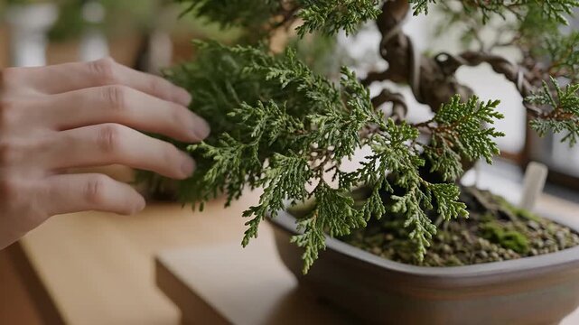 Loop of Hand Softly Brushing Juniper Bonsai Foliage in Square Ceramic Pot on Bamboo Table Minimalist Interior Design