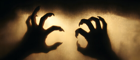 Halloween monster claw hand with long nails emerging from dark shadow horror concept minimalist