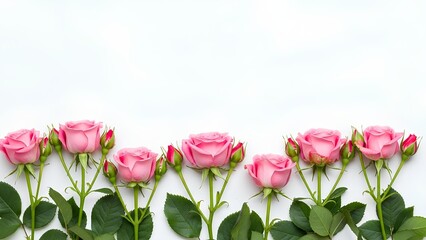 Fototapeta premium A row of pink roses with green leaves arranged neatly from a top view