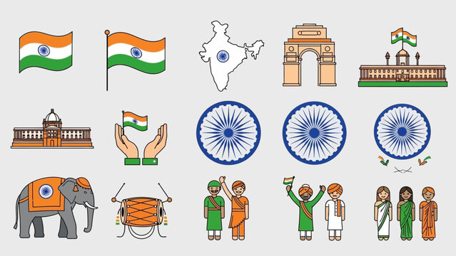 A collection of colorful vector icons representing India's national symbols, landmarks, culture, and people, perfect for celebrating independence day or national events.