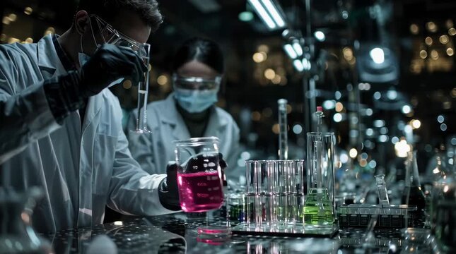 A highly photorealistic vertical image of professional scientists in a modern laboratory, wearing full protective masks, lab coats, gloves, and safety goggles, working carefully with chemicals to deve