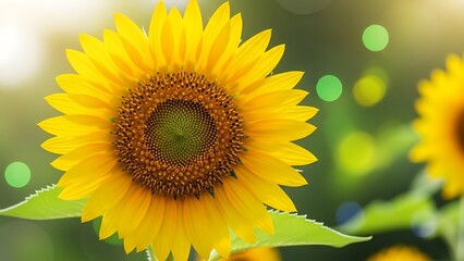 Obraz premium Bright Yellow Sunflower with Green Leaves in Sunlit Garden Scene