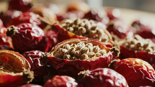 Loopable Macro of Dried Rose Hips Ultra Close Up Botanical Garden Ingredient Red and Brown Tones in Natural Light Dried