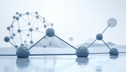 Stylized molecular structure with metallic spheres and rods on light background