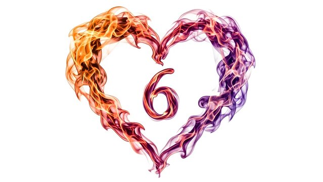 A vibrant heart shape made of swirling flames with the number six in the center viewed directly