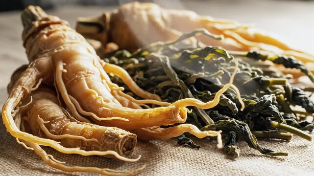 Loopable Macro of Ginseng Root Ultra Close Up Panax Properties Herbal Medicine Beige Background Rootlets Medicinal Herb