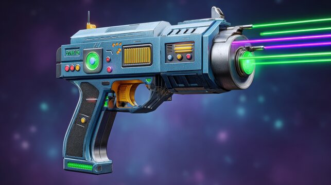 A futuristic gun with a green laser. The gun is blue and has a green laser