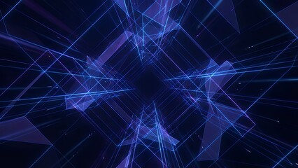 Abstract futuristic background with glowing blue and purple lines forming geometric shapes in a dark tunnel