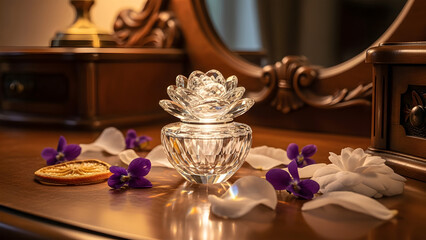 Fototapeta premium Crystal Perfume Bottle with Flower Petals and Dried Orange Slices