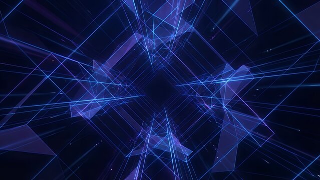 Abstract futuristic background with glowing blue and purple lines forming geometric shapes in a dark tunnel - Powered by Adobe