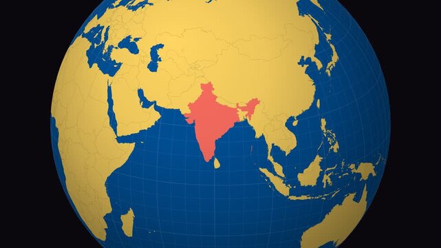 India on Globe. Animated zoom into the country in Ocean Blue Golden Yellow color palette. India logo animation. Map with meridians, parallels. Modern video.