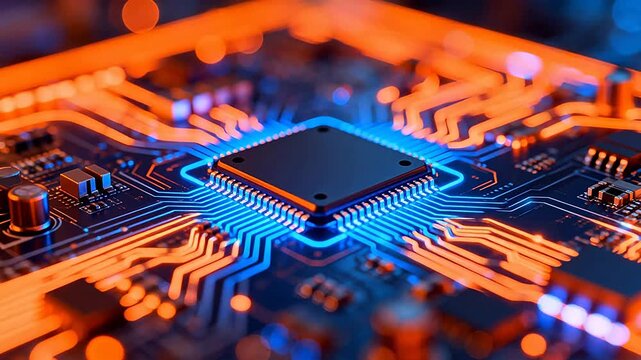 Closeup of a glowing circuit board