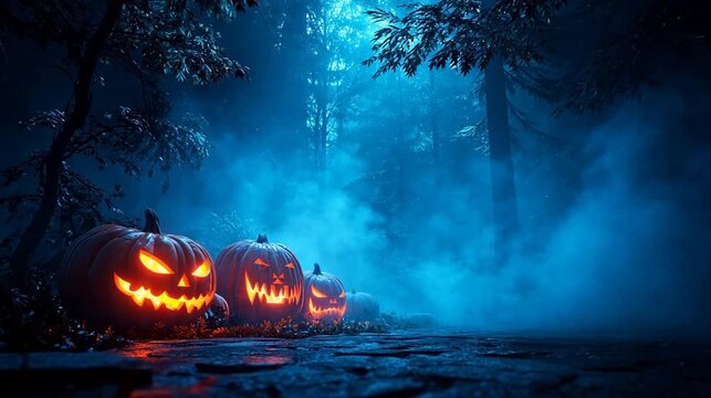Halloween pumpkins in forest