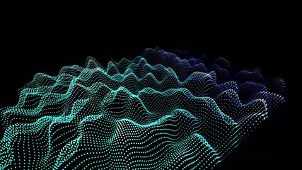 Abstract digital waveform landscape with glowing blue and cyan particles on dark background - Powered by Adobe
