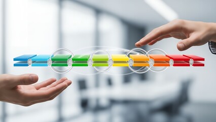 Hands exchanging colored blocks representing stages of process or workflow exchange
