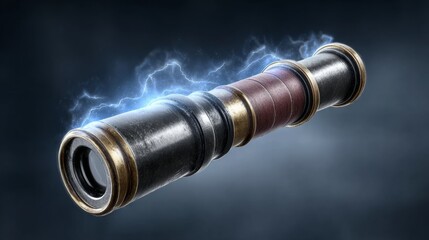 A vintage-looking telescope with a blue and purple lightning bolt on it. The lightning bolt is surrounded by a blue and purple glow, giving the telescope a futuristic and otherworldly appearance