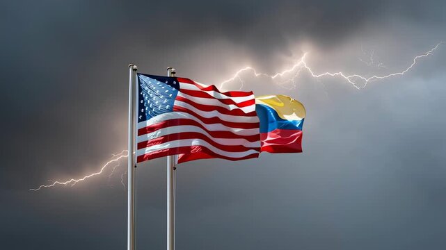 Turbulent clouds loom over two flags representing America and Venezuela, symbolizing a powerful contrast. Lightning flashes create a foreboding atmosphere as cultures collide under the storm