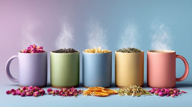 A row of colorful coffee mugs with steam coming out of them. The mugs are filled with different types of tea and spices