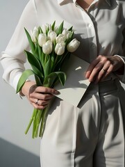 Elegant woman in white shirt holding white tulips and a card with soft shadows