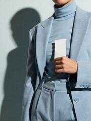 Person in pastel blue blazer and blue turtleneck holding a blank white card