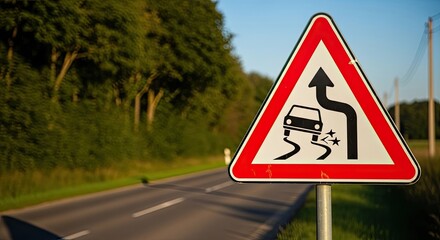 A triangular road sign with a car on a curved road, warning drivers of a potential lane change.