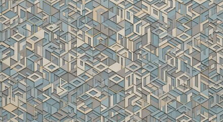 A complex, geometric, isometric pattern of interlocking cubes and hexagons in a monochromatic color palette.