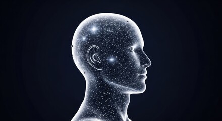 A human head with a digital grid pattern, set against a dark background.