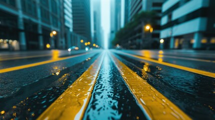 Wet Urban Street with Yellow Road Markings in City at Night